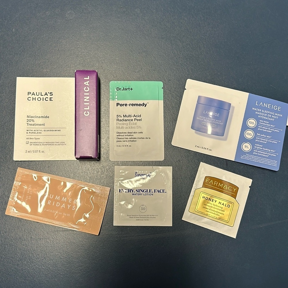 Sample sized beauty Farmacy, supergoop, Laneige, summer Friday, dr.jart, paulas